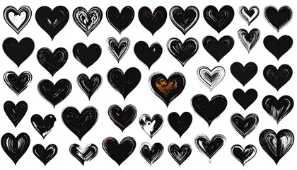 Collection of diverse black heart shapes and illustrations for graphic design.