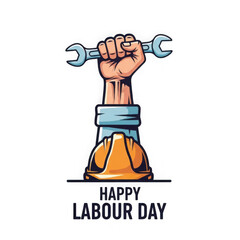 Hand holding wrench with 'happy labour day' text isolated on transparent background