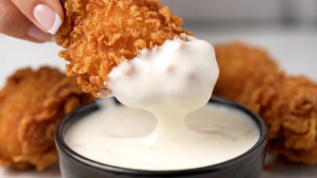 A hand dipping crispy fried chicken into a bowl of white sauce, showcasing a delicious snack in a casual dining setting with a close-up viewpoint