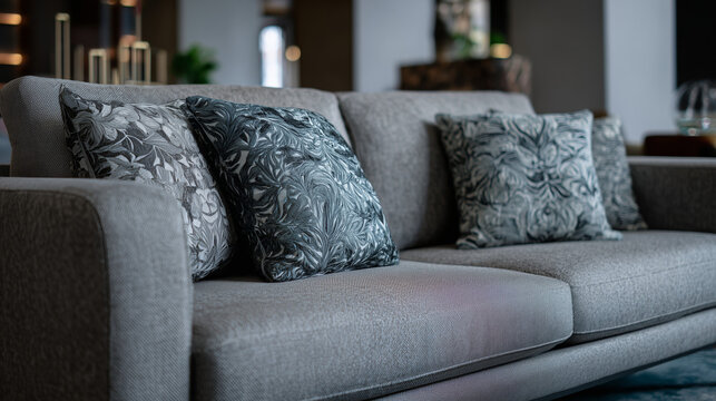 unawareness. Contemporary living space with gray fabric sofa and decorative pillows in modern minimalist design. real-estate listings.