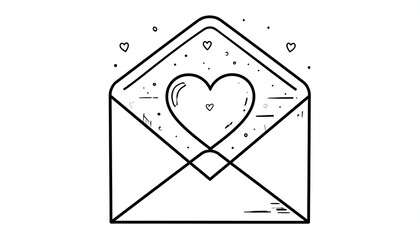 Black and white line art of an open envelope with a heart symbol inside and decorative elements.