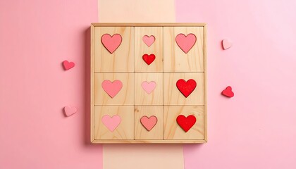 Wooden tic tac toe game with red and pink heart pieces on a pastel pink background.