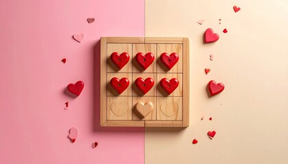 Romantic Tic Tac Toe Game with Red Heart Candies on Valentines Day Theme.