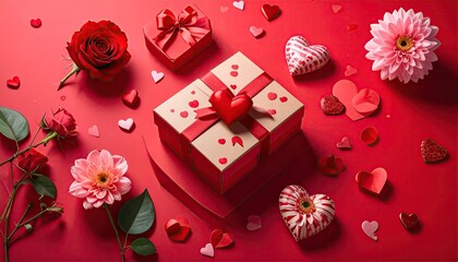 Romantic Valentines Day arrangement with red roses pink flowers and gift boxes.