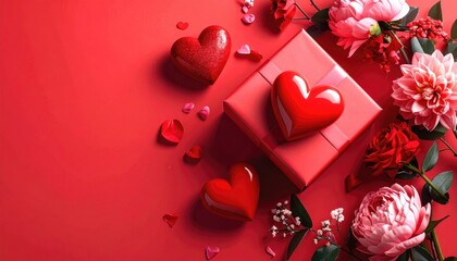 Luxurious red gift box with heart shapes and romantic flowers for Valentines Day celebration.
