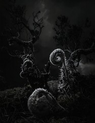 Fern frond curls among gnarled trees under a dark, cloudy sky