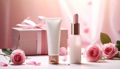 Elegant cosmetic products and pink roses arranged with a gift box.