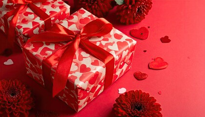Romantic Valentines Day gift boxes adorned with red hearts and lush red flowers.