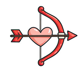 A cartoon illustration of Cupid's bow and arrow piercing a pink heart