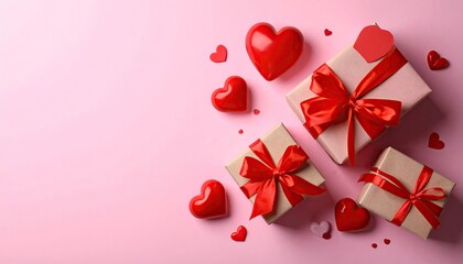 Valentines Day gifts and red hearts scattered on a pink background for romantic celebration.