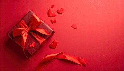 Red Gift Box with Satin Ribbon and Hearts for Romantic Celebration.