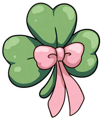 A cartoon-styled shamrock with a pink ribbon bow. Green leaves, dark background