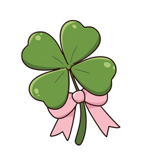A stylized four-leaf clover, vibrant green leaves & pink bow, against a black background