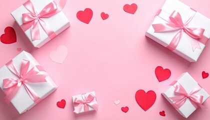Beautifully Wrapped Gift Boxes with Pink Ribbons and Hearts on Pink Background.
