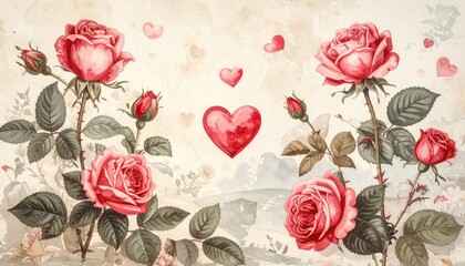Vintage Romantic Pink Roses and Hearts Illustration for Valentine.