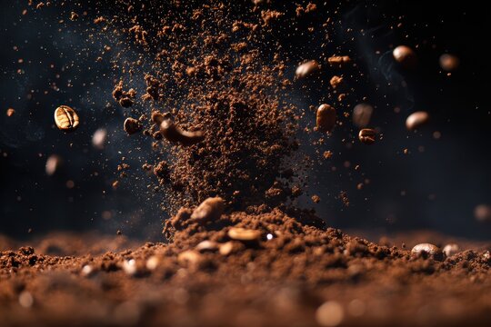 Coffee beans and ground coffee in mid-air, explosion of brown coffee particles against a dark background, dynamic coffee scene with flying beans and powder