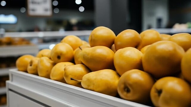 Fresh Asian Pears on Display at Grocery Store.