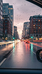 New York City skyline at night with glowing skyscrapers and busy streets filled with traffic and city lights