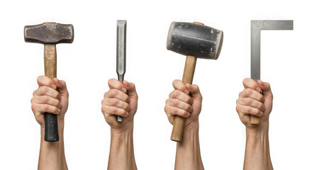 Hands holding various tools like hammers and wrenches isolated on transparent background