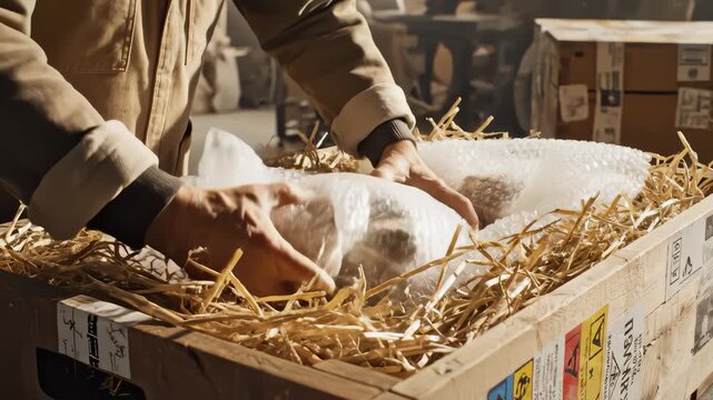 Person Unpacking Antique Vase From Wood Crate in Workshop Space