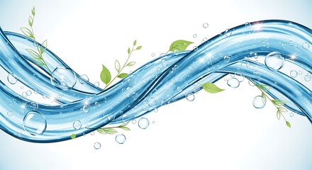 Blue Water Splashing with Green Leaves.