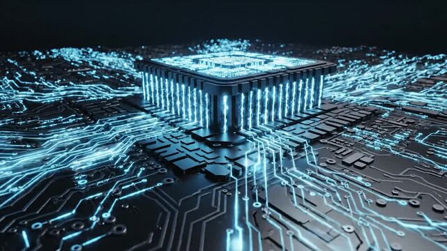 Futuristic circuit board with glowing blue AI symbols and binary code