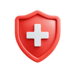 Obraz premium A vibrant, 3D rendered, shield icon in bold red, featuring a bright, white cross at its center