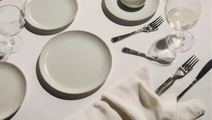 Elegant Table Setting with Plates, Cutlery, and Napkins in Natural Light.