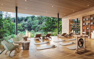Salón para yoga y meditación con vista a la naturaleza, 3d render