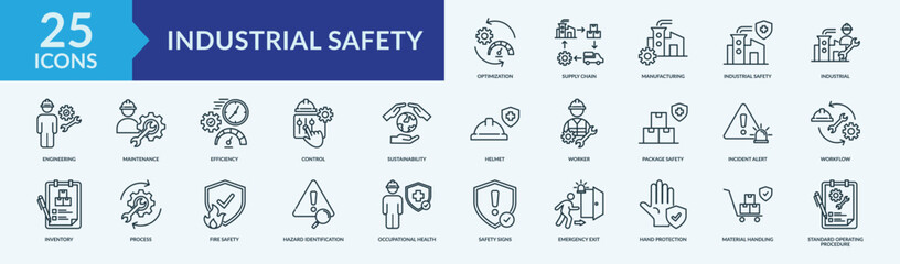 Fototapeta premium Industrial Safety icon set. Containing supply chain, manufacturing, engineering, efficiency and more. Outline vector icons collection