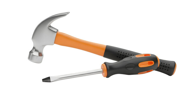 Claw hammer and flathead screwdriver with orange and black grips on black background