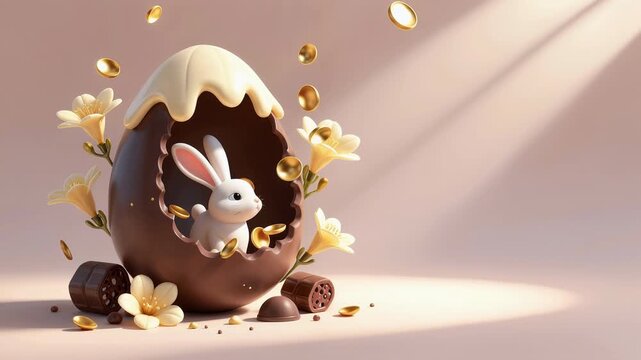 CGI image of a chocolate egg with a broken top, white icing dripping down. A small white rabbit stands inside.