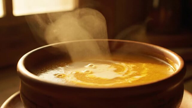 Hot steaming soup in bowl with rising steam, warm comfort food, close-up