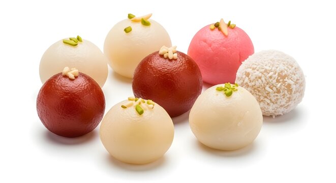 A vibrant assortment of traditional indian sweets featuring gulab jamun, rasgulla, and other delicious treats