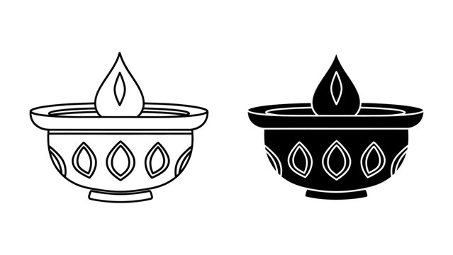 Traditional Indian diya oil lamp icons in outline and solid black silhouette styles, perfect for Diwali festival decorations, religious celebrations, and cultural graphic design.
