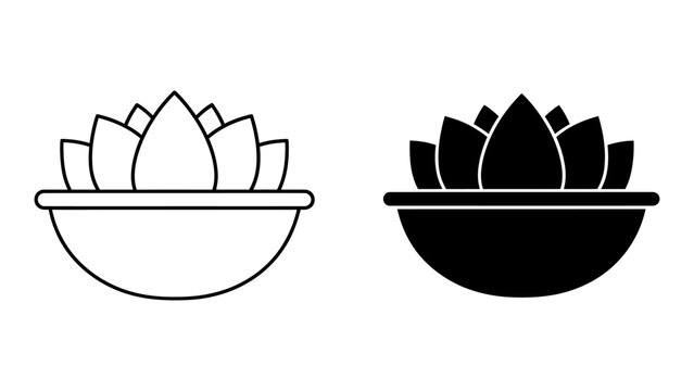 Minimalist vector icon set featuring a potted succulent or lotus flower design, shown in both outline and solid black silhouette styles on a clean white background, ideal for UI/UX elements.