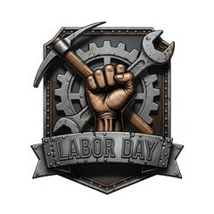 Labor day emblem with raised fist and tools isolated on transparent background