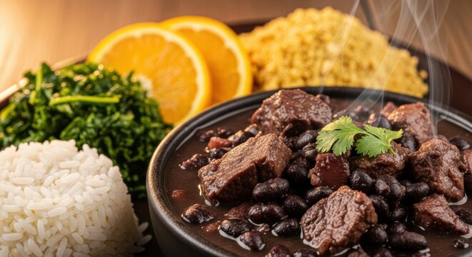 A close-up of a bowl of feijoada with all the accompaniments white rice, finely sliced kale, orange slices, and farofa, a macro shot highlighting the diverse textures.