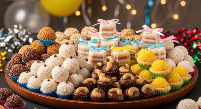 A colorful display of various Brazilian docinhos (sweets) like beijinho, cajuzinho, and bem-casado, arranged on a festive platter.