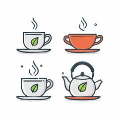 Obraz premium A serene tea setting with cups and teapot on saucers, illustration, calm atmosphere, top view