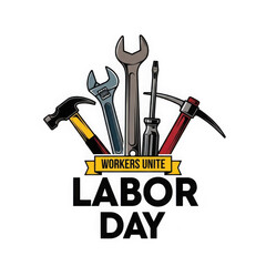 Labor day illustration with tools and 'workers unite' banner isolated on transparent background