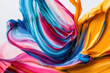 Fototapeta premium Vibrant abstract art with swirling colors of pink, blue, and yellow on a white background, creating a dynamic and expressive visual effect.