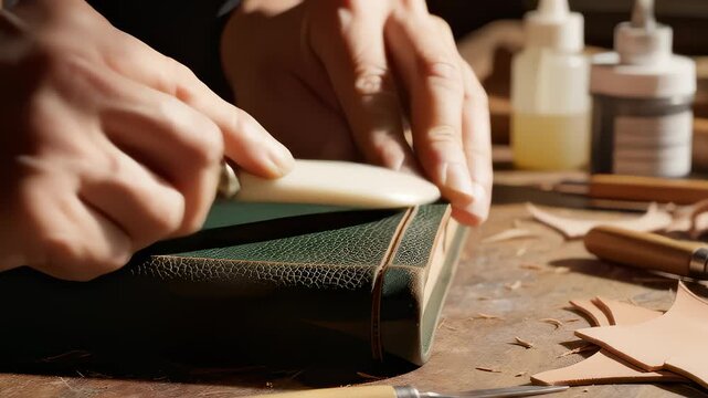 Craftsman Shapes Leather Edge of Antique Book With Bone Folder Tool