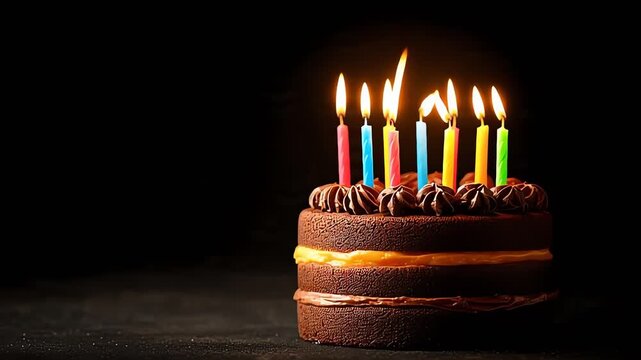 Chocolate Birthday Cake with Colorful Candles Burning Brightly