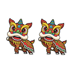 Obraz premium Cartoon Chinese Lion Dance Figures Mascot Illustration Isolated