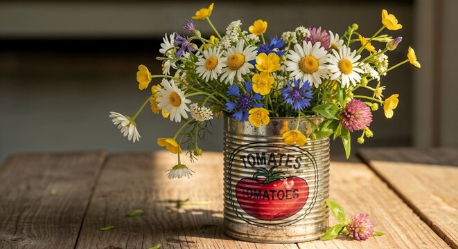 A rustic, weathered tin can serves as an impromptu vase, overflowing with a cheerful, wild assortment of freshly picked daisies, buttercups, and tall grasses.