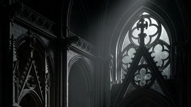 Gothic Architecture Interior With Light Rays Through Window.
