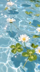 serene aesthetic background of clear blue water surface with soft ripples, sunlight reflections sparkling on the water, gentle wave patterns. white daisy flowers floating on the water