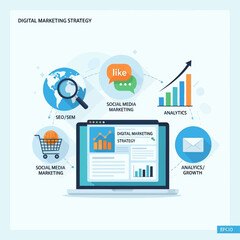 A detailed illustration of a digital marketing strategy, showcasing various online tools and methods like SEO, social media, analytics, and e-commerce, centered around a laptop.