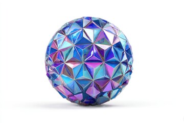 A faceted sphere rendered in shades of blue, purple, and iridescent colors on a white background